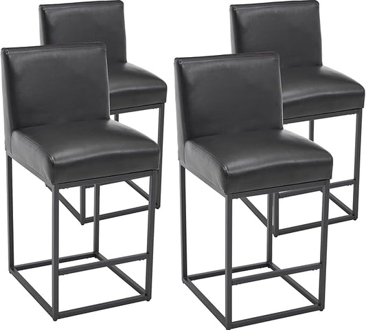 VESCASA Faux Leather 27 inches Counter Height Bar Stools with Padded Back, Modern Upholstered Counter Stool Chairs with Black Metal Frame for Kitchen Island, Set of 4, Black