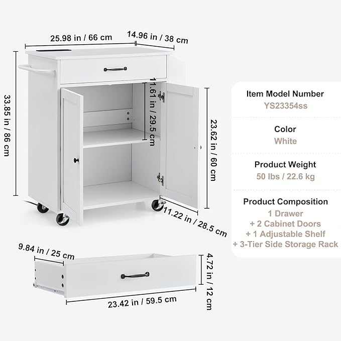 VEVOR Kitchen Island Cart, 32" Mobile Carts with Storage Cabinet, Rolling Table with Power Outlet, Spice Rack, Towel Bar, Adjustable Shelf, Drawer, Dining Living Room Portable Islands on Wheels, White