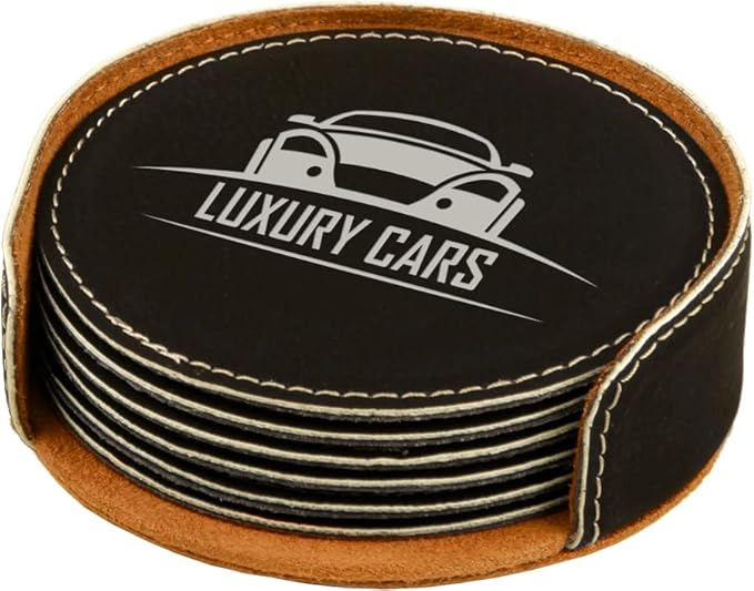 Custom Engraved Coasters | Personalized Leather Coaster | Set of 6 | Drink Coasters with Holder | Laser Engraved | Tabletop Protection | Gift for Couples (Round 4", Black w/Silver)