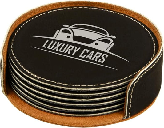 Custom Engraved Coasters | Personalized Leather Coaster | Set of 6 | Drink Coasters with Holder | Laser Engraved | Tabletop Protection | Gift for Couples (Round 4", Black w/Silver)