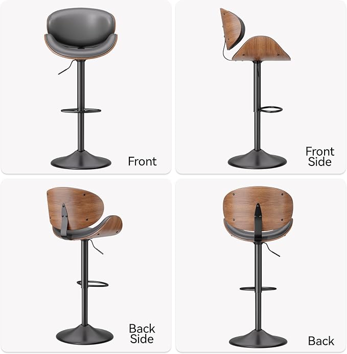 Swivel Bar Stools Set of 4, Seat Adjustable Height 23.5-32.5IN Bentwood Barstools with Back & Footrest, PU Leather Upholstered Counter Height Bar Chairs for Bar Kitchen, Grey&Brown