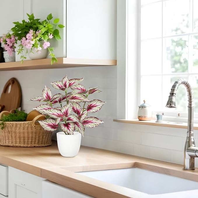 Artificial Plants Indoor 14.2" Small Fake Perilla Plant in Pot Potted Plants Artificial Decor Faux House Plant with White Pot for Farmhouse Home Office Bathroom Living Room Table Shelf Decor