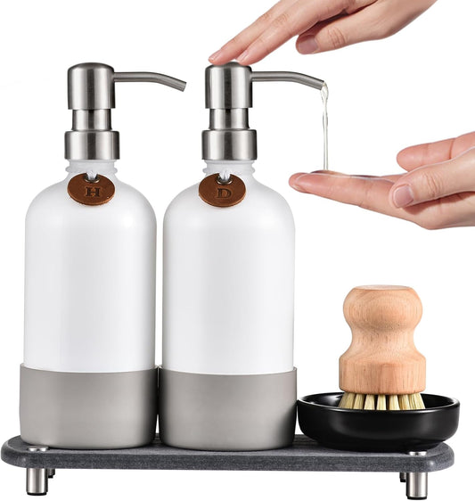 [Luxurious] Hand and Dish Soap Dispenser Set, Kitchen Soap Dispenser Set with Handmade Leather Tag, Instant Dry Tray, Stainless Steel Pump, Non-Slip Pad, Add Elegant Touch to Your Kitchen Sink
