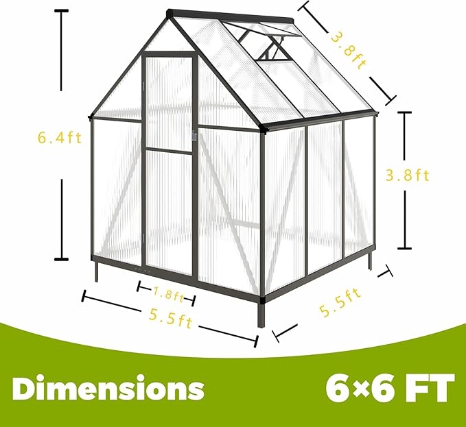 6 x 6 FT Greenhouse for Outside,Aluminum Walk-in Greenhouse,Dark Gray