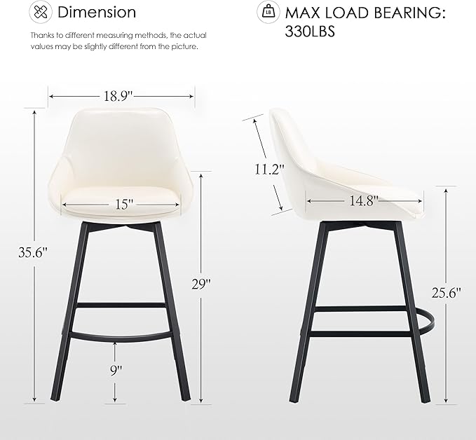 Zesthouse Swivel Counter Height Stools Set of 2, Modern Upholstered Barstools with Backs, 26'' Faux Leather High Chairs for Island Kitchen, Counter Height Chairs with Metal Legs, White