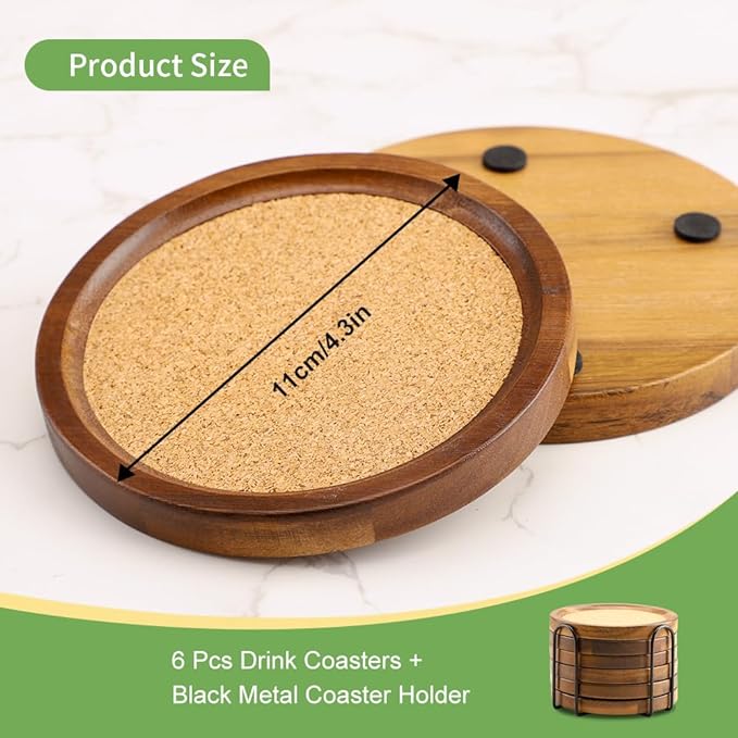 Wood Cork Coasters for Drinks Absorbent with Holder, WLWNWFT Acacia Wood Coaster Sets Rustic Farmhouse for Coffee Table Dining Table Wooden Table Coasters for Desk, Set of 6 4.33in