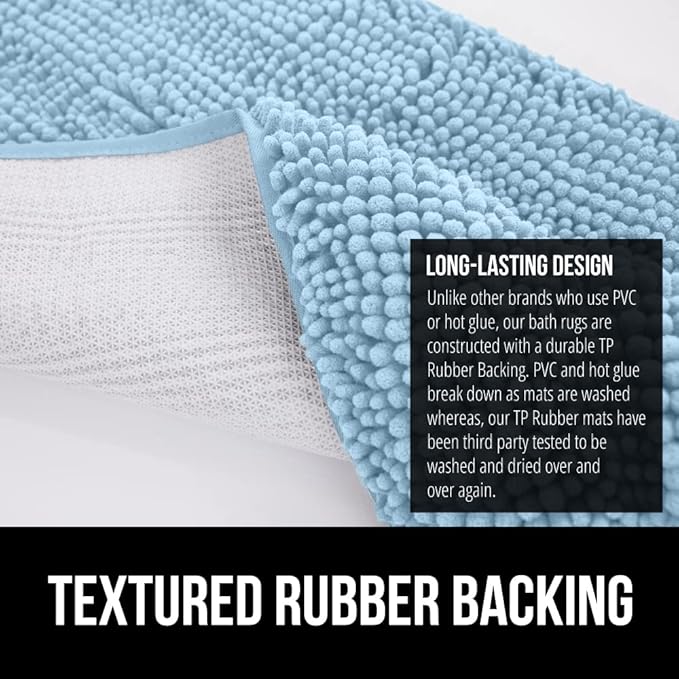 GORILLA GRIP Bath Rug Mat 30x20, Soft Absorbent Chenille, Quick Dry Microfiber Mats, Rubber Backing Washable Shower Floor Rugs, Bathmat Runner, US Designed Bathroom Home Decor Accessories Sky Blue