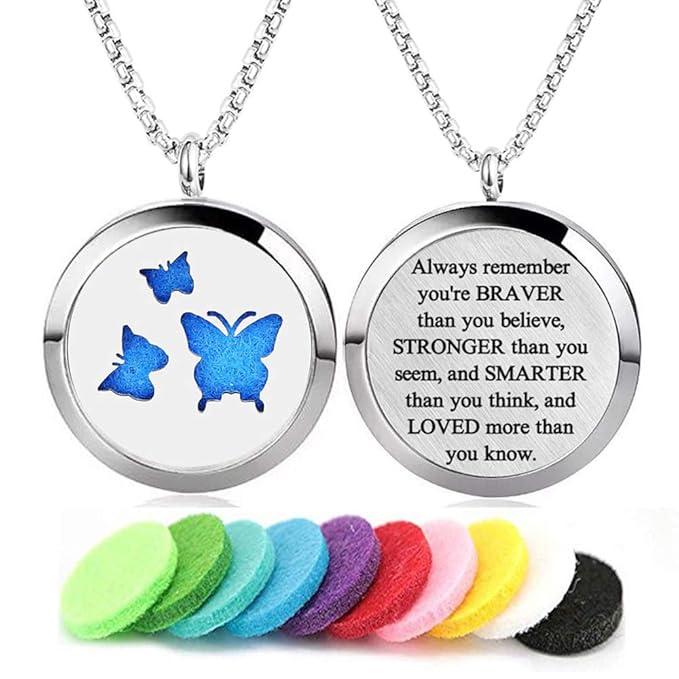 Aromatherapy Essential Oil Diffuser Necklace Stainless Steel lnspirational Locket Pendant（Butterfly）