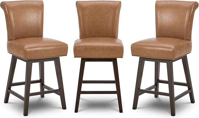 CHITA 26 Inch Counter Height Swivel Bar Stools Set of 3, FSC Certified Modern Upholstered Faux Leather Swivel Barstool Chair with Back, Saddle Brown