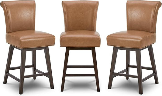 CHITA 26 Inch Counter Height Swivel Bar Stools Set of 3, FSC Certified Modern Upholstered Faux Leather Swivel Barstool Chair with Back, Saddle Brown