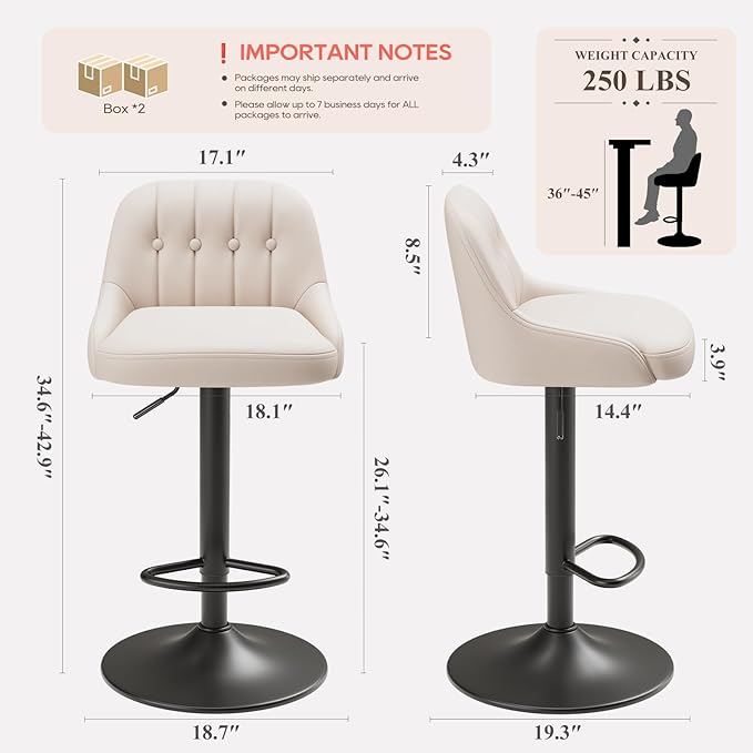 Bar Stools Set of 4, Swivel Bar Chairs, Modern Adjustable PU Leather Upholstered Barstools Counter Height with Tufted Back for Bar, Kitchen Counter Island, Dining Room, Beige