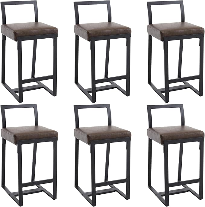 26’’ Modern Bar Stools Set of 6, Upholstered PU Leather Bar Chairs with Backrest Armless Counter Height Stools with Metal Frame for Kitchen Island Dining Room, Grayish Brown