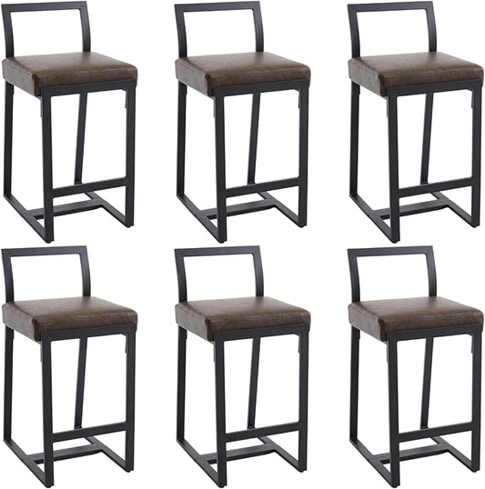 26’’ Modern Bar Stools Set of 6, Upholstered PU Leather Bar Chairs with Backrest Armless Counter Height Stools with Metal Frame for Kitchen Island Dining Room, Grayish Brown