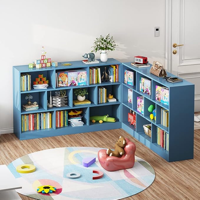 IOTXY Open Shelf Low Bookcase - Wooden 3-Tier Floor Standing Display Cabinet Organizer with Base, 10 Cubes Short Horizontal Bookshelf in Bright Blue