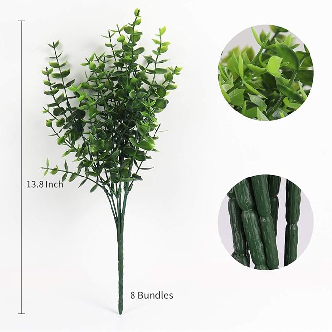 RECUTMS 8 Bundles Artificial Eucalyptus Artificial Grasses Fake Greenery Boxwood Stems Fake Plants and Greenery Springs for Farmhouse,Home,Garden,Office,Patio,Wedding and Indoor Outdoor(Eucalyptus)