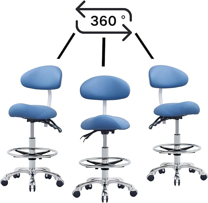 Saddle Stool Chair with Backrest and Foot Ring, Ergonomic Rolling Esthetician Seat for Salon, Tattoo Shop, Spa, Facial lash Home, Dentist Clinic, Esthetician Chair, Blue