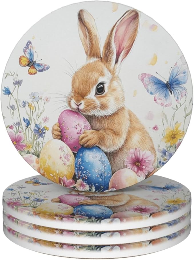 Easter Bunny Colorflu Eggs Coasters for Drinks Rabbit Wildflowers Butterfly Absorbent Ceramic Coaster Set of 4 for Coffee Table Cup Bar Desk Round Coasters Mat with Cork Base Seasonal Home Decors