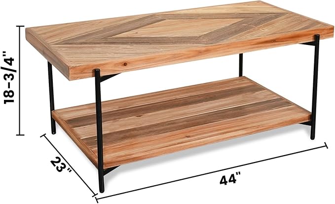 CONSDAN StoneCreek Coffee Table, Solid Fir Wood & Metal Frame, 2-Tier Industrial Farmhouse Table for Living Room/Office, 44" Rectangular Table