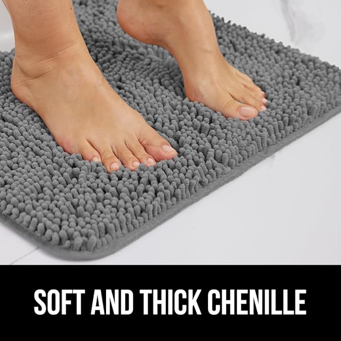 GORILLA GRIP Plush Absorbent Shaggy Chenille Bath Rug Mat for Square Toilet Base with Rubber Backing, Machine Washable Rugs, Soft Microfiber Contour Mats for Toilets, Bathroom Decor, Grey