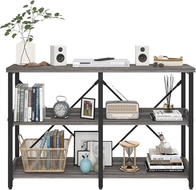 BON AUGURE Entry Table, 47 Inch Console Tables for Entryway, Narrow Couch Table Behind Sofa for Living Room, Wood 3 Tier Shelves Organization Tables for Foyer, Hallway (Dark Grey Oak)