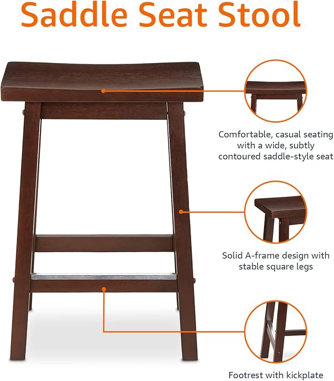Amazon Basics Solid Wood Saddle-Seat Kitchen Counter Barstool with Footrest, Easy Assembly - 24-Inch Height - Walnut - Set of 2