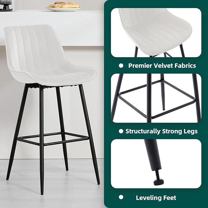 24" Bar Stools Set of 2, Counter Height Bar Chairs with Back, Modern Velvet Upholstered Barstools, Kitchen Island Stools for Bar, Kitchen Counter, Top Height 35"-38", White
