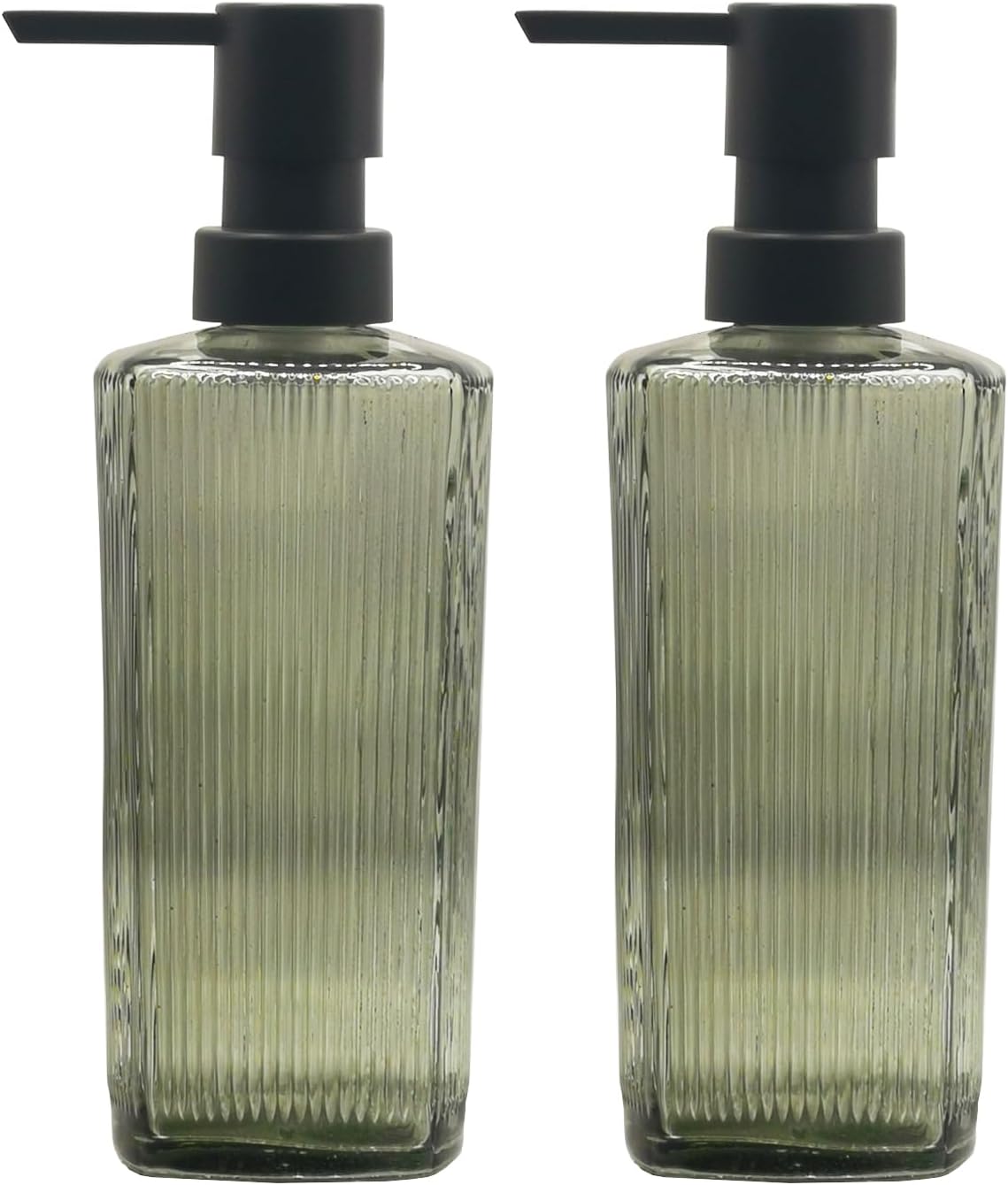 Green Glass Soap Dispenser Set with Black Pump, 12oz Hand Dish Lotion Dispenser, Refillable Liquid Soap Dispenser for Modern Home Decor, Bathroom, Kitchen Countertop, Hotel(2 Pack)