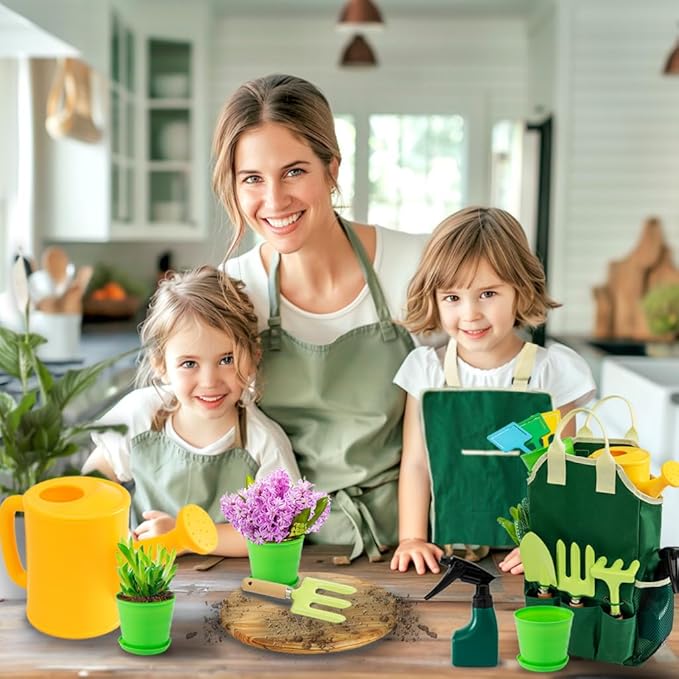 Kids Gardening Tools Set, Garden Toys w/Wooden Handle Alloy Rake,Fork,Trowel, Watering Can,Gloves,Tote Bag,Plant pots, DIY Bookmark Kits, Spring Summer Toy Outdoor Gift for Toddler Boy Girl