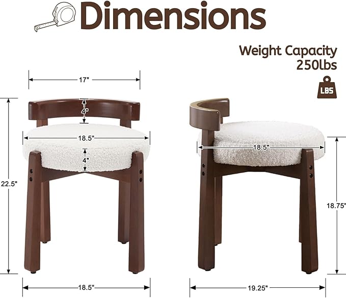 LukeAlon Cute Sherpa Upholstered Vanity Stool, Round Comfy Boucle Makeup Stool with Wooden Legs Small Ottoman Chair Modern Padded Seat Foot Rest for Makeup Room Cloakroom Bedroom, White