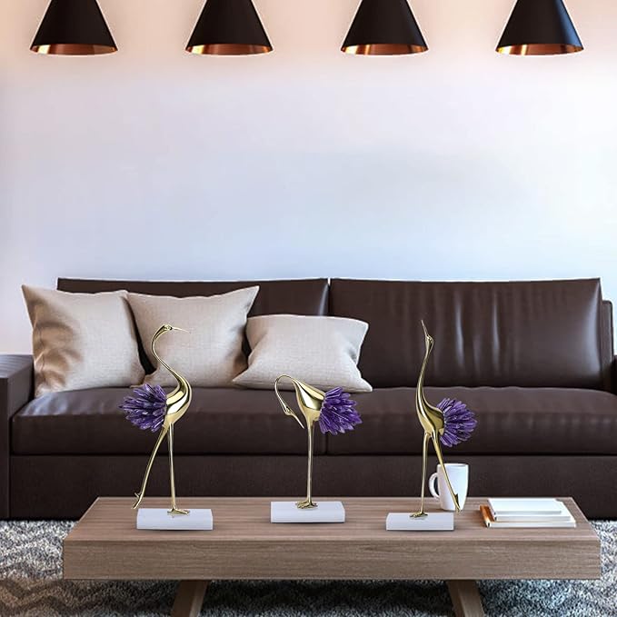Gold Decor Accents,Brass Birds Statues Gold Home Decor Modern Crystal Decor Ornaments for Living Room, Bedroom, Office Desktop, Cabinets (Purple C)