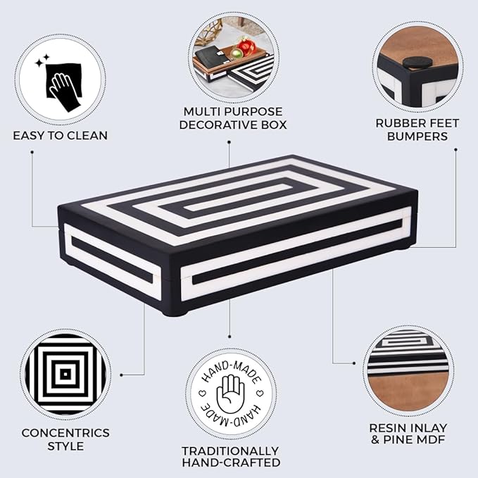 Handicrafts Home Large Decorative Storage Box with Lid – 10x6x2.5” Coffee Table Organizer, Keepsake- Decorative Boxes for Home Decor, Stylish Decorative Box for Office Decor- Concentric - Black White