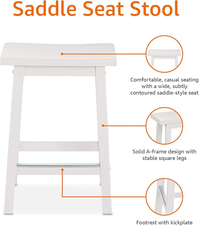 Amazon Basics Solid Wood Saddle-Seat Kitchen Counter Barstool with Footrest, Easy Assembly - 24-Inch Height - White - Set of 2