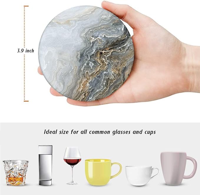 Britimes Coaster for Drinks Set of 6, Grey Marble Golden Stone Agate Table Absorbent Round Ceramic Stone Mat, with Cork Base and Metal Holder, Gift for Housewarming Room Bar Decor