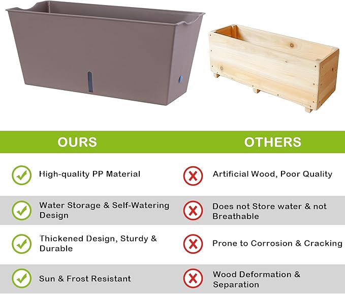 Window Box Planter 6 Pcs, 16.5 Inches Self Watering Rectangle Flower Plant Pots with Drainage Holes Trays, Vegetable Planters for Windowsill Patio Garden Balcony Porch Yard (Khaki)