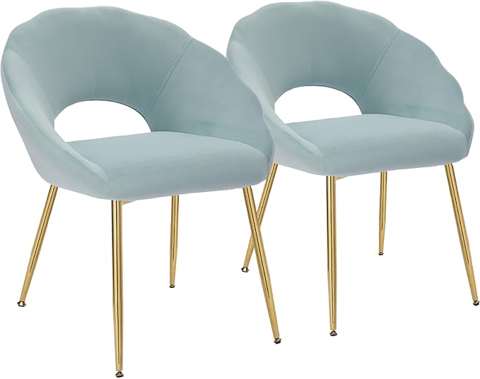 Modern Small Accent Chair Set of 2, Comfy Velvet Vanity Chair with Shell Back & Golden Metal Legs, Decorative Chair no Wheels for Living Room, Makeup Room, Bedroom, Green