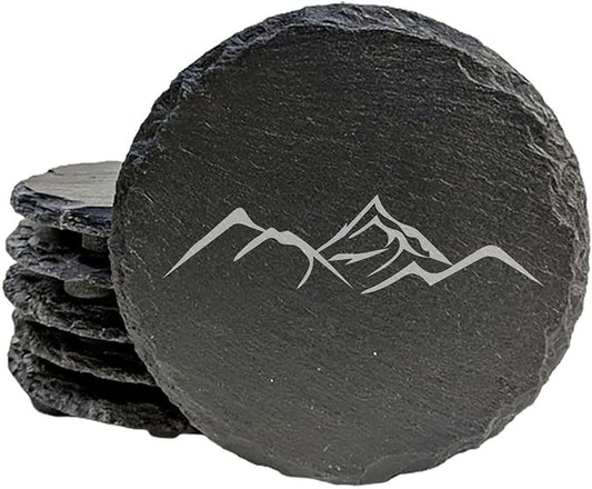 Mountain Majesty Slate Coasters with Stunning Mountain Scene Design - Perfect for Home and Office Decor and Protection of Surfaces, Available in Square or Round Coasters - Round Slate - Set of 8