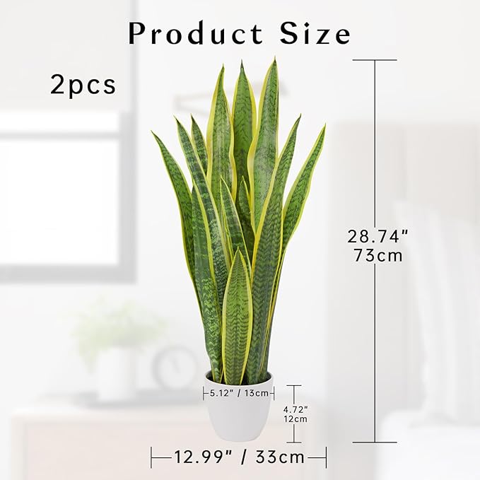 Hollyone 2 Set Artificial Snake Plant Potted, 28 Inch Faux Sansevieria Trifasciata Plants Large Tall Tropical Fake Snake Plant Tree in White Pots for Home Office Room Patio Garden Indoor Outdoor Decor