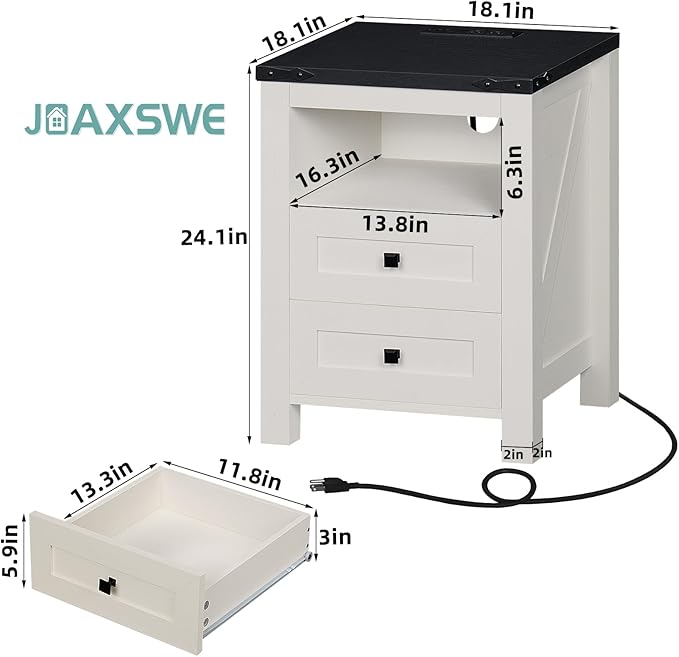 Nightstand with Charging Station and USB Port, Farmhouse Side End Table with 2 Drawers and Open Shelf, Wood Rustic Sofa Table, Bedside Cabinet for Bedroom, Living Room, Closet, Office (White)