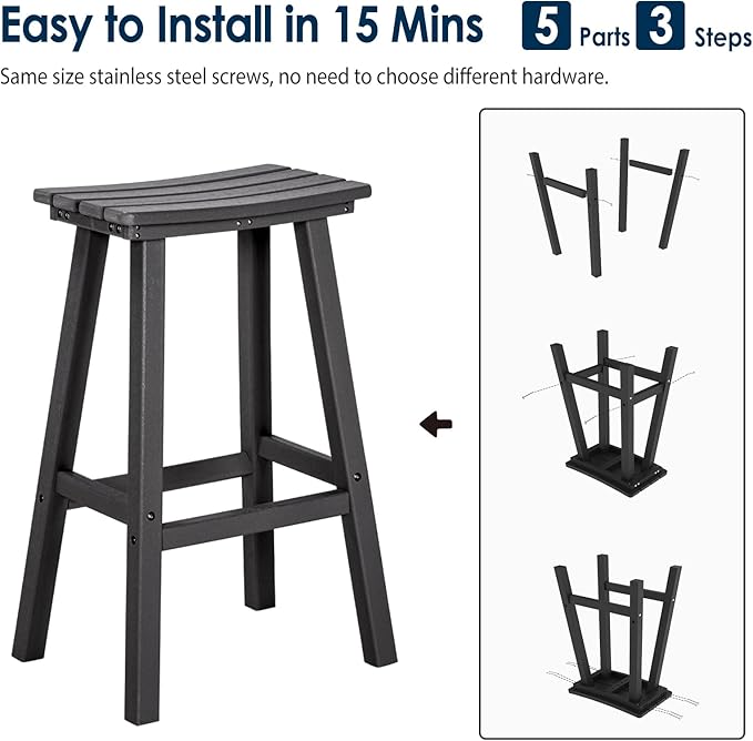 nalone 29 Inch Outdoor Bar Stools Set of 2, HDPE Bar Chairs with Footrest, Weather Resistant Barstool Outside Stools for Bars, Kitchen Counter, Balcony (Black, 29'' Barstools Set of 2)