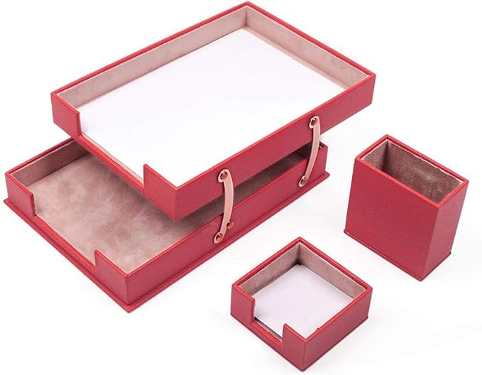 MOOGCO Bonded Set Luxury Leather Desk Pad & Desk Organization Essentials Desk Organizer Leather Desk Organizer (Red)