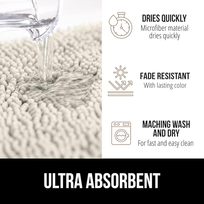 GORILLA GRIP Bath Rug Mat 30x20, Soft Absorbent Chenille, Quick Dry Microfiber Mats, Rubber Backing Washable Shower Floor Rugs, Bathmat Runner, US Designed Bathroom Home Decor Accessories Ivory Cream