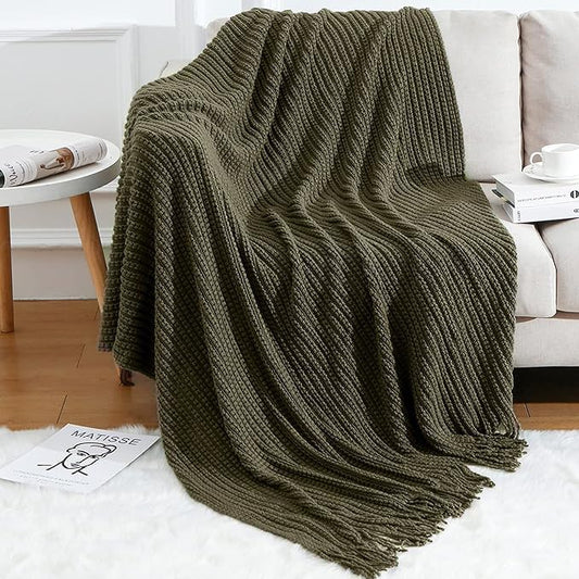 Blagic Knitted Throw Blanket for Couch Soft Farmhouse Boho Throw Blanket with Tassels Home Decorative Lightweight Olive Green Throws for Bed/Sofa, Wheat Textured, 60" W x 80" L