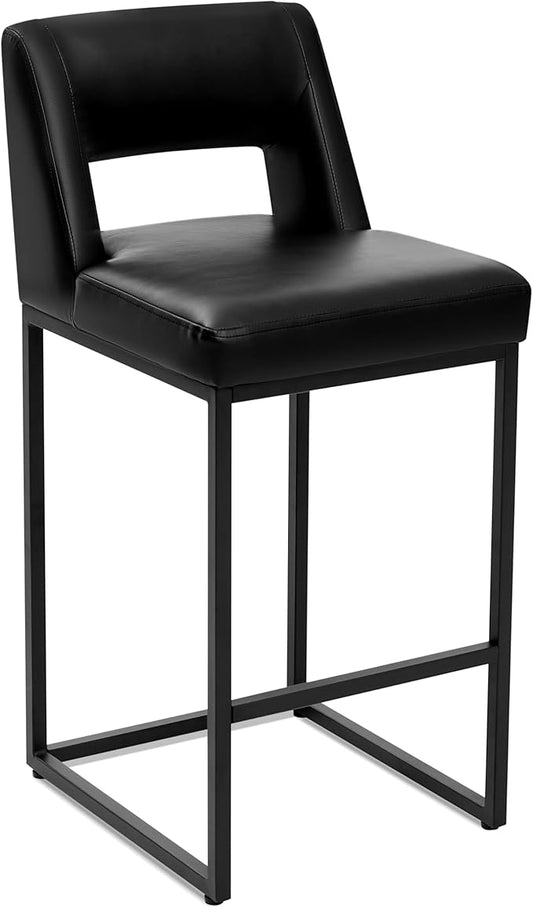 Counter Height Black Bar Stool for Kitchen Counter Modern Bar Chair with Back for Kitchen Island with Upholstered Faux Leather Seat and Metal Frame, 26 Inch