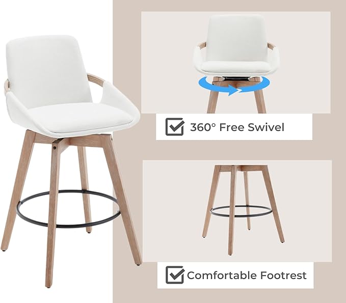 EALSON Swivel Counter Height Bar Stools Set of 2 Mid Century Modern Natural Wood Barstools with Back and Arms Comfortable Upholstered Counter Stools Linen Bar Chairs for Kitchen Island, Beige