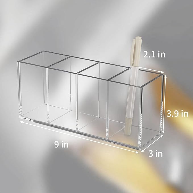 NIUBEE Acrylic Pen Holder 4 Compartments, Clear Pencil Organizer Cup for Countertop Desk Accessory Storage
