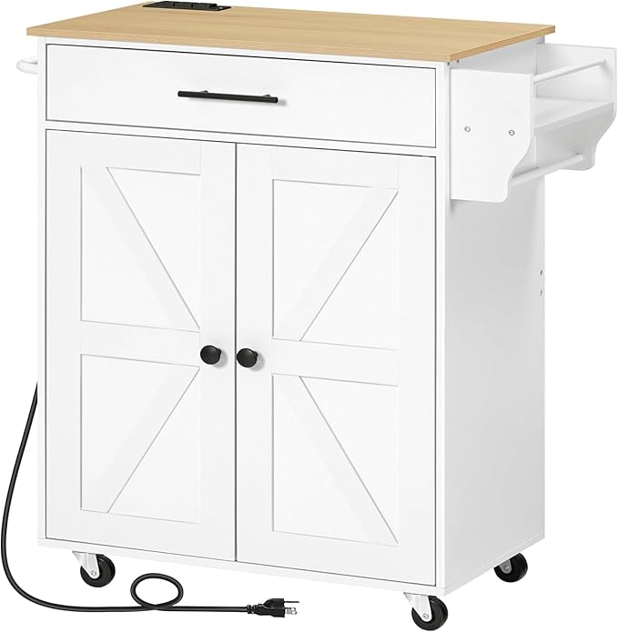 HOOBRO Kitchen Island with Power Outlet, Kitchen Storage Island with Large Worktop, Spice Rack and Drawer, Rolling Island on Wheels, for Dining Room, White and Natural