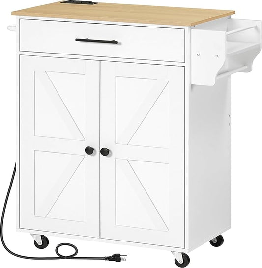HOOBRO Kitchen Island with Power Outlet, Kitchen Storage Island with Large Worktop, Spice Rack and Drawer, Rolling Island on Wheels, for Dining Room, White and Natural