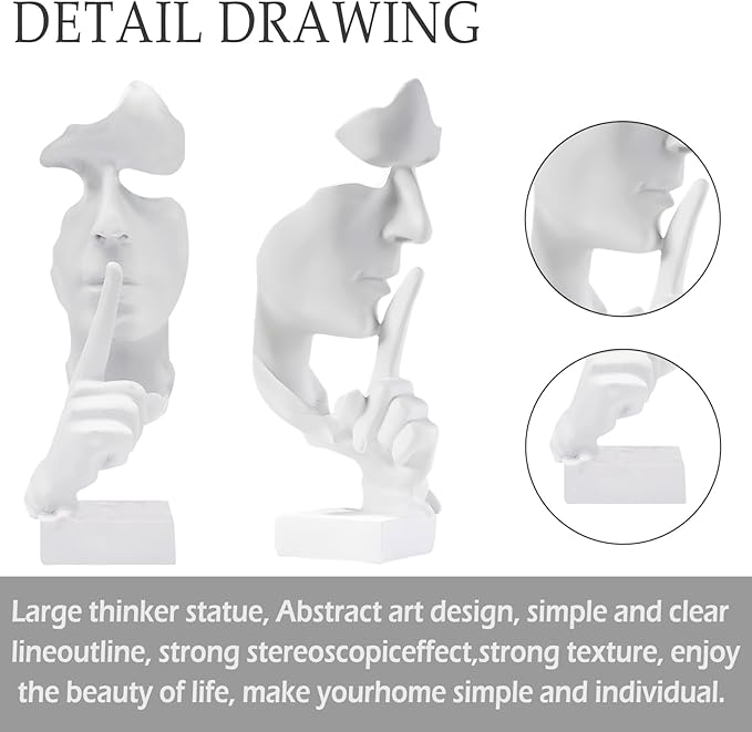 aboxoo Silence is Gold Thinker Statue, Modern and Simple Resin Things, Creative Abstract Figurine Sculptures for Entrance, Creative Room Home, Office Study, Piano Decor (Large White)