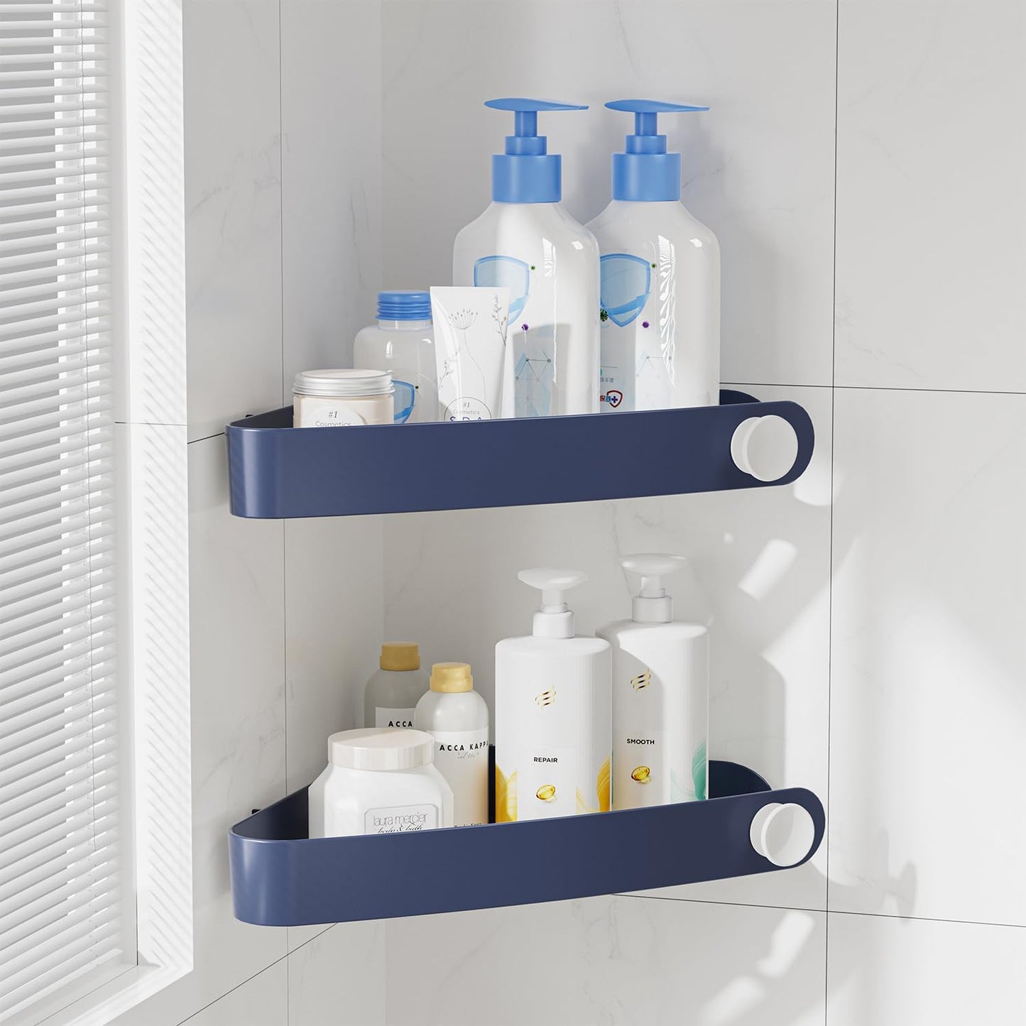 Sotfamily Shower Caddy Corner, 2 Pack Adhesive Corner Shower Shelves for Bathroom Organizers and Storage, Rust Free Plastic Rack for Bathroom Accessories & Decor, Navy