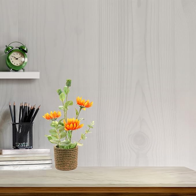 AlphaAcc 13.5 Inches Artificial Plant Sunflower Arrangement Realistic Orange Silk Fake Plants with Eucalyptus Stems in Rustic Rope-Striped Cement Planter Faux Potted Flowers for Home Décor Indoor